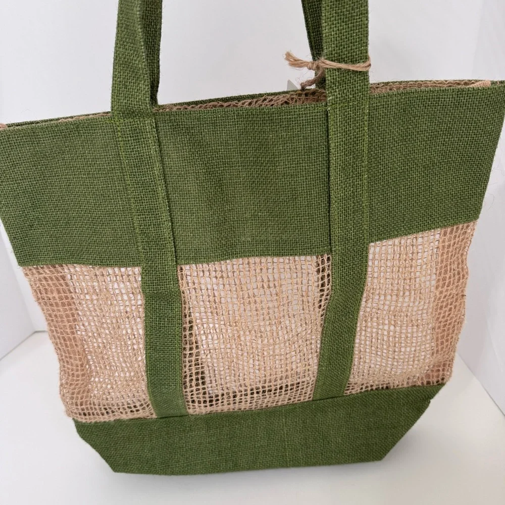 Miniso Large Jute Mesh Beach Tote Green Natural Market Shopper Carryall NWT Boho